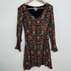 Old Navy Dress Women's‎ Size 0 / XS A-line Floral Black Long Sleeve Boho V-Neck
